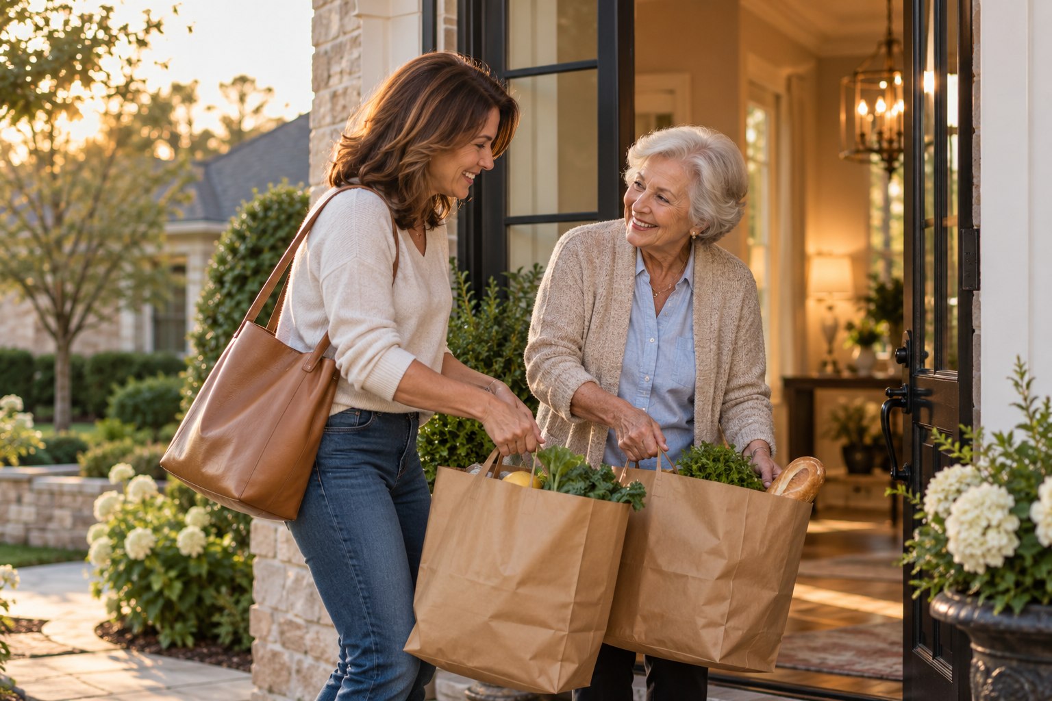 A helper carrying groceries for an older adult at home